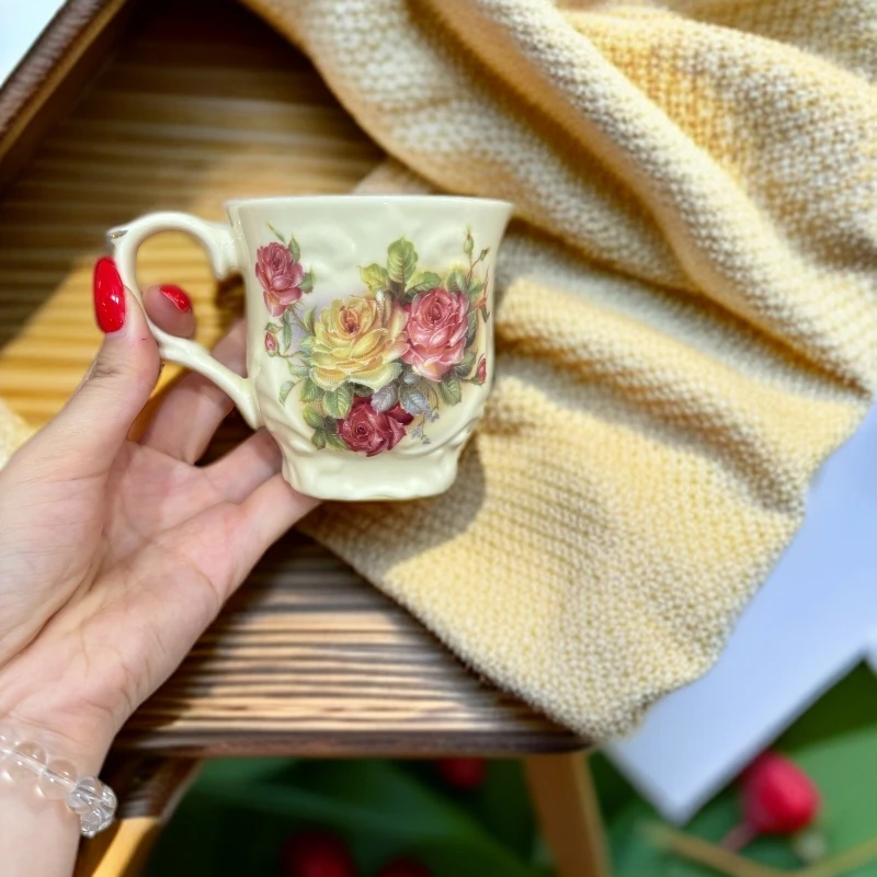 欧式象牙黄高档陶瓷精致玫瑰花咖啡杯下午茶杯欧式茶杯