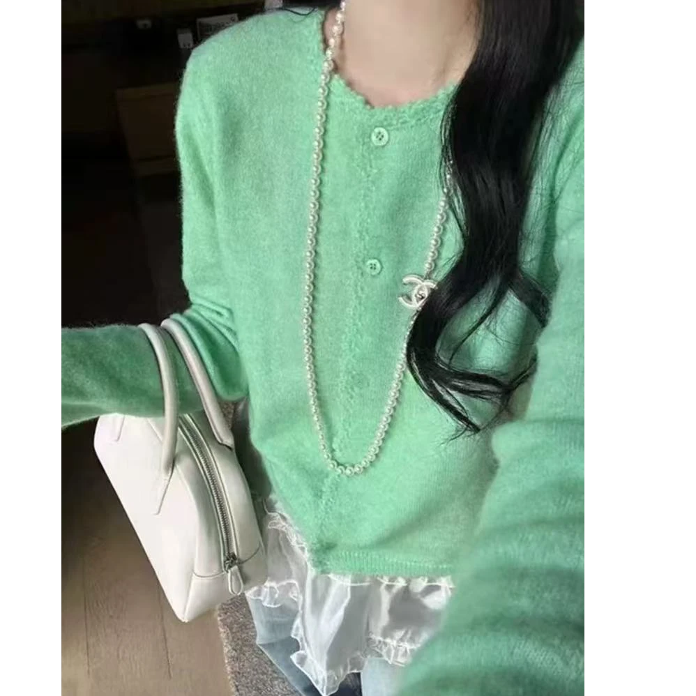 【运费补贴】薄荷绿~法式花边针织开衫女打底毛衣外套上衣