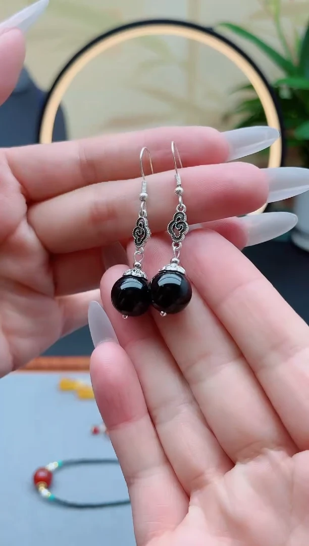 黑曜岩银S925镶嵌耳饰207