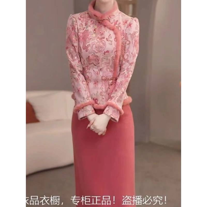 高档雪花绒改良版加厚保暖两件套2025秋冬新款气质减龄显瘦连衣裙
