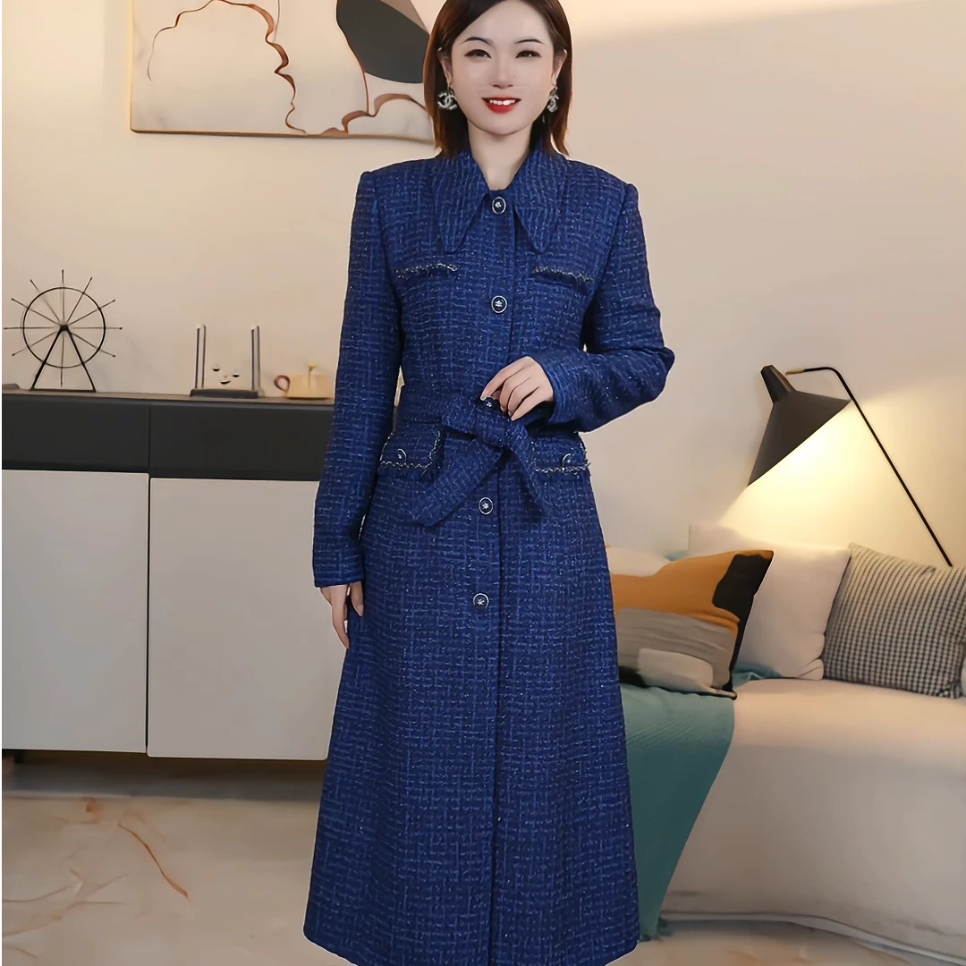 【撤柜清仓】S气质显瘦高腰中长款连衣裙蓝色修身秋冬长裙新款S73