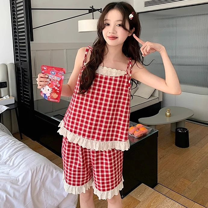 【吊带·格子】甜美撞色蕾丝边格子睡衣女吊带短裤家居服度假套装