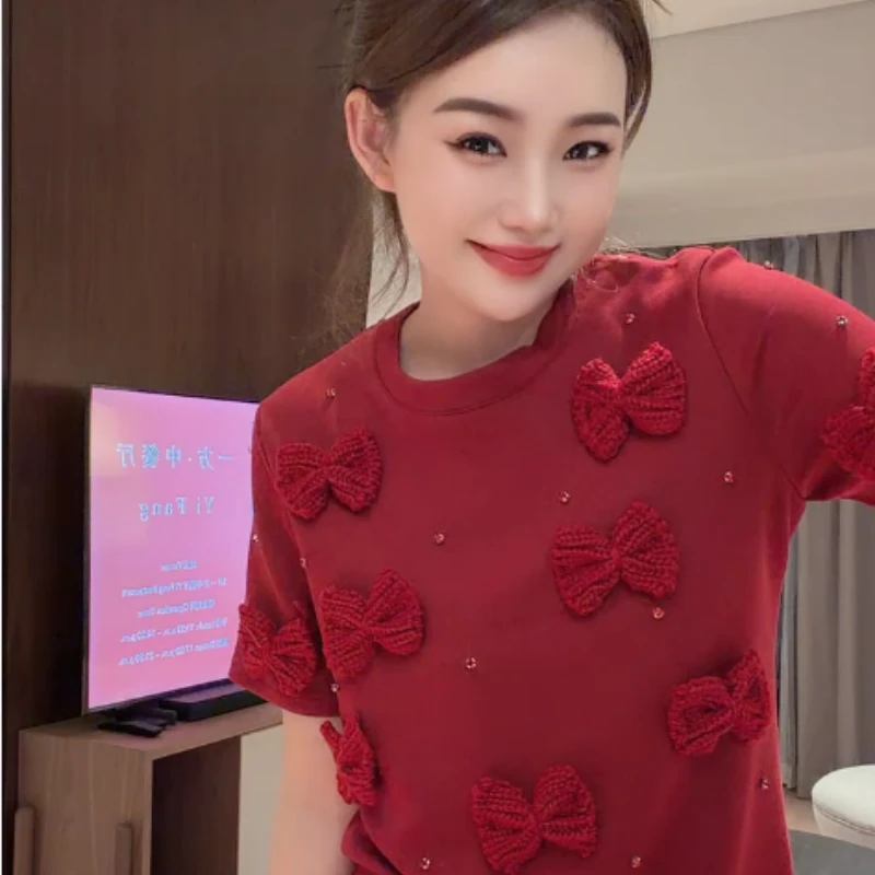 欧货针织蝴蝶结短袖中长T恤衫宽松下身失踪感韩版秋冬洋气上衣女