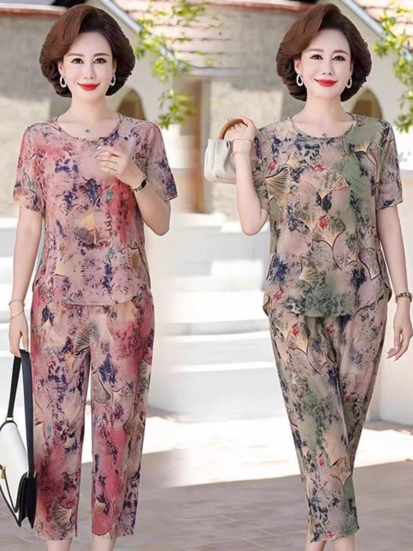 《上衣+裤子》夏季妈妈装薄款短袖七分裤洋气套装气质碎花时尚