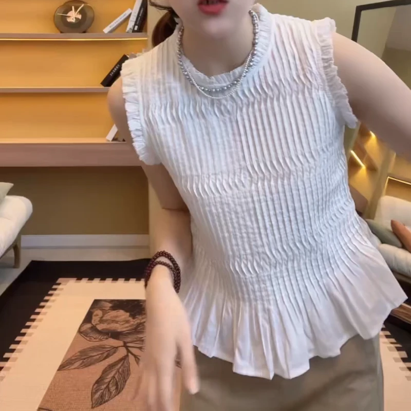 2025新款夏季设计感小众圆领皱褶无袖显瘦背心小衫LK2504032