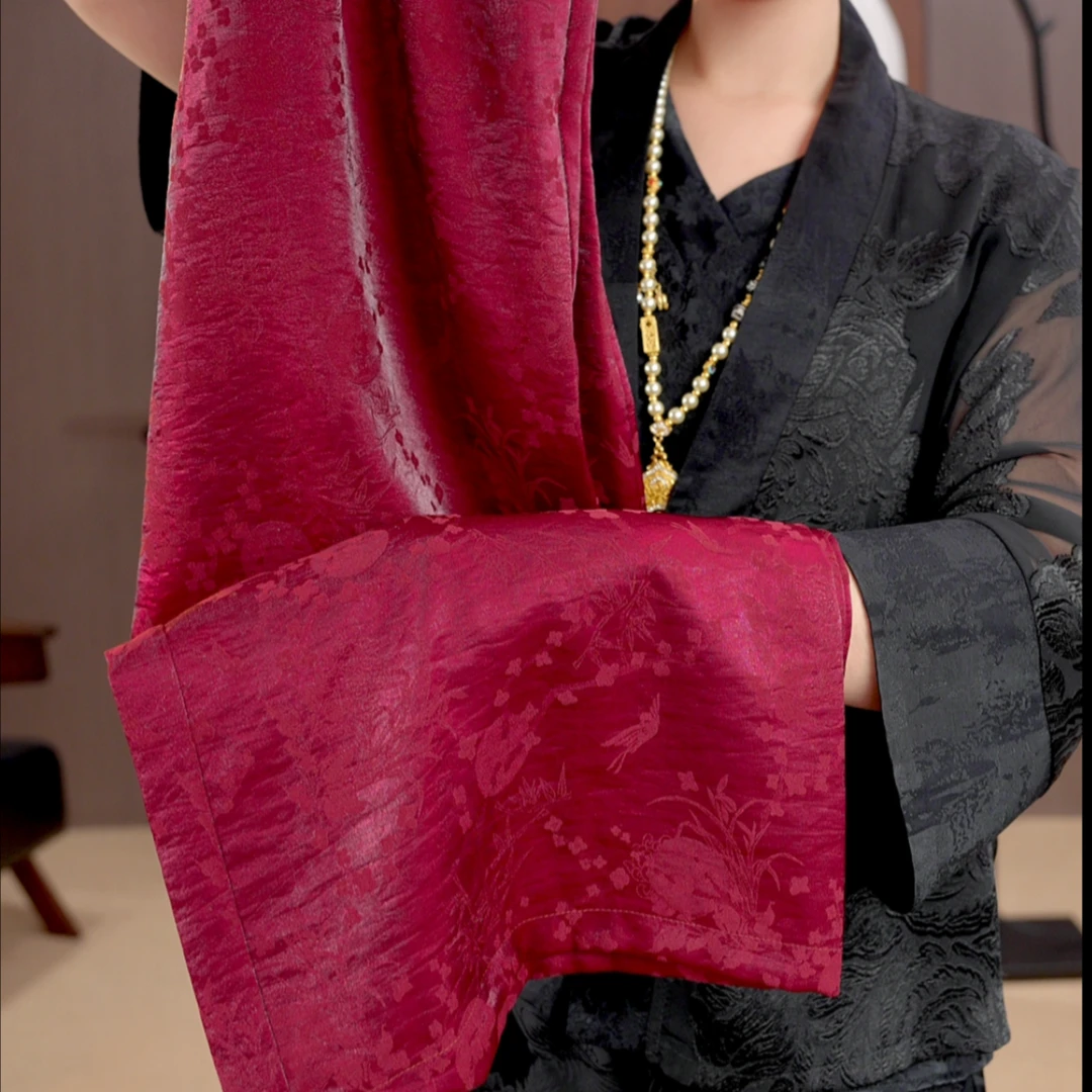 【三清垂袂】妈妈装浮雕怀旧复古鸡血红高腰显瘦秋冬宽松休闲裤361