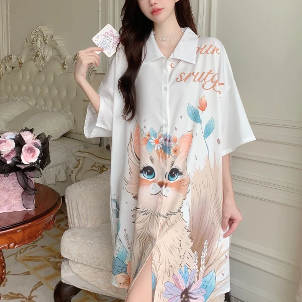新款冰丝睡裙女夏季睡衣可爱猫衬衫领网红风宽松冰雪丝薄款家居服