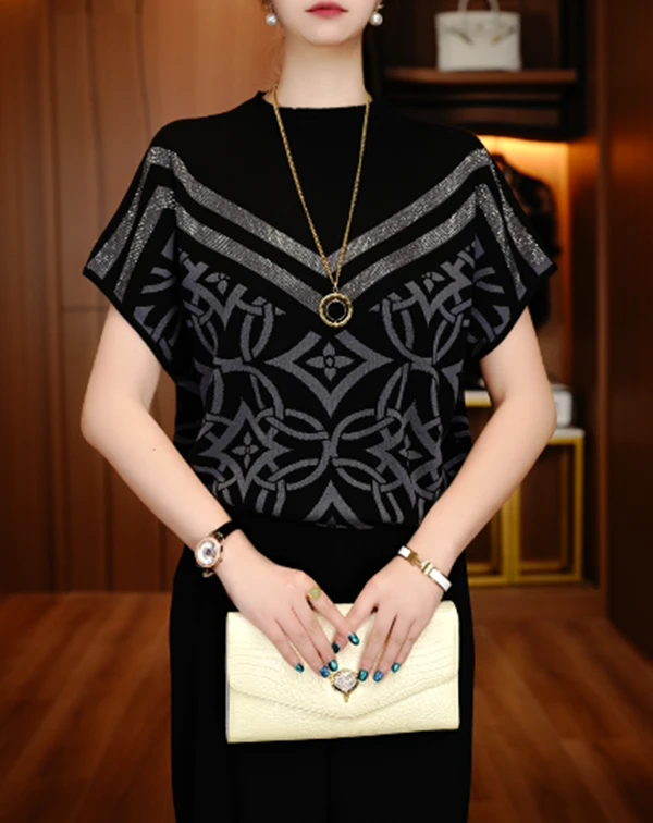 国颐 新款春夏针织衫短袖女高端显瘦显白百搭时尚上衣V25P595