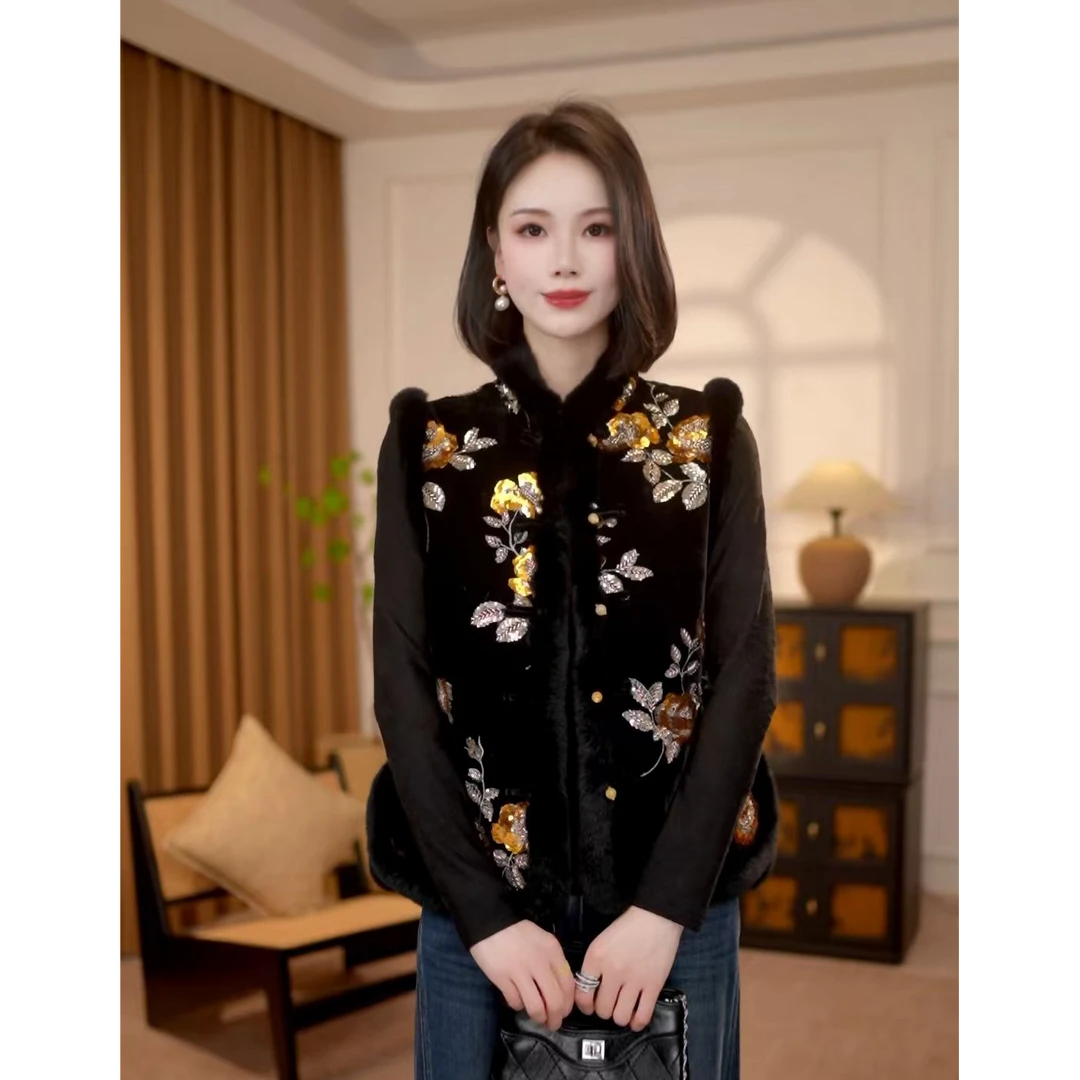【金玉良缘】新中式国风丝绒重工亮片对襟夹棉拼獭兔毛马甲G8856