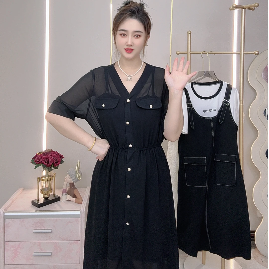 夏季新款气质V领单排扣松紧腰显瘦大码两件套连衣裙