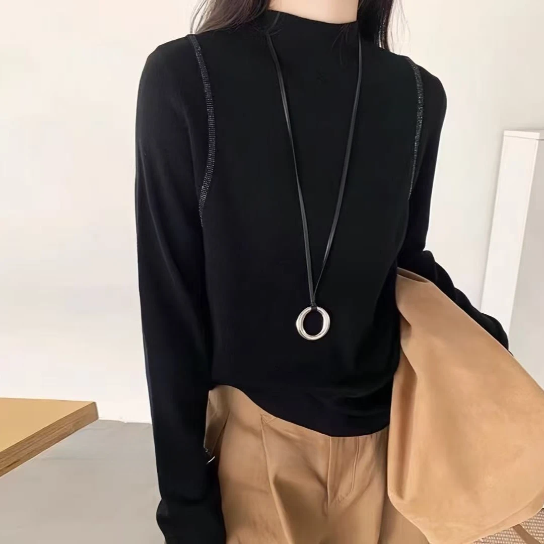 【锦衣服饰】MSL 58603韩系肩亮钻高领长袖针织衫