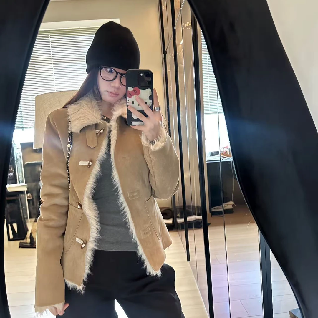 人造皮草 LA 设计感 仿皮毛一体卡其 毛毛外套 25820