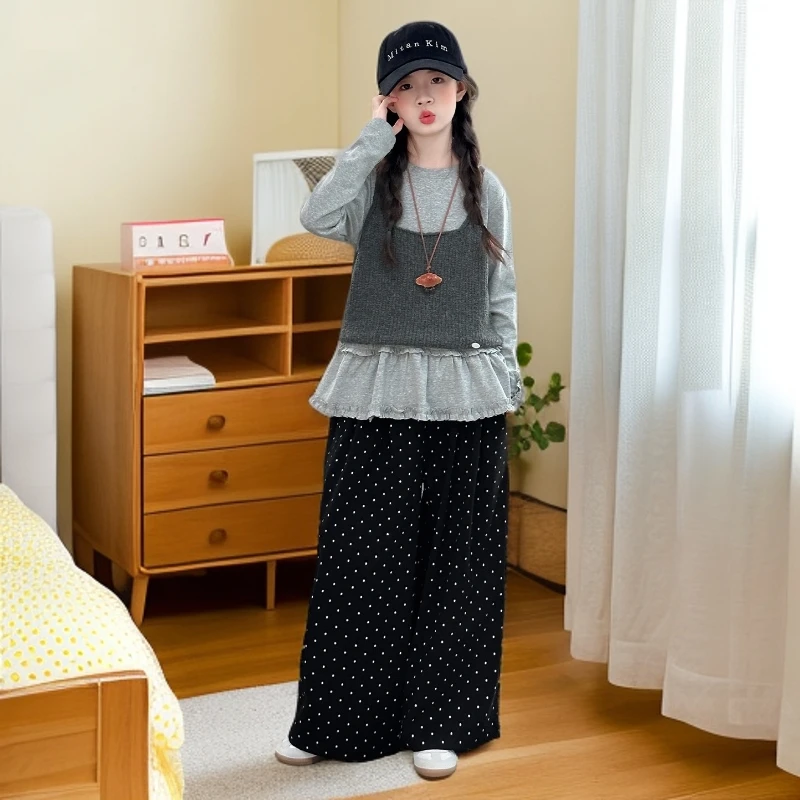 童装女童套装2025春秋款中大童马甲圆点阔腿裤花边打底衫三件套潮