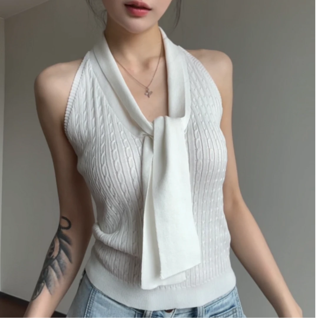 夏季蕾丝吊带背心女通勤气质绑带挂脖辣妹纯欲性感显瘦针织上衣