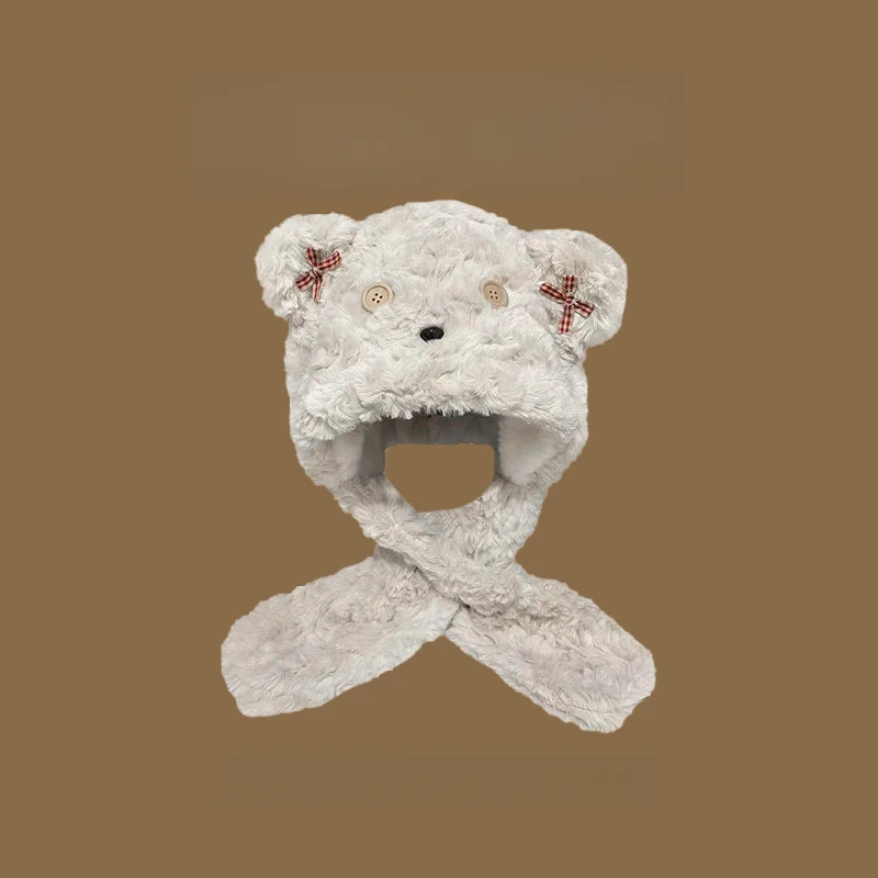 纽扣小熊毛绒帽女秋冬可爱保暖套头帽学生甜美百搭围脖一体护耳帽