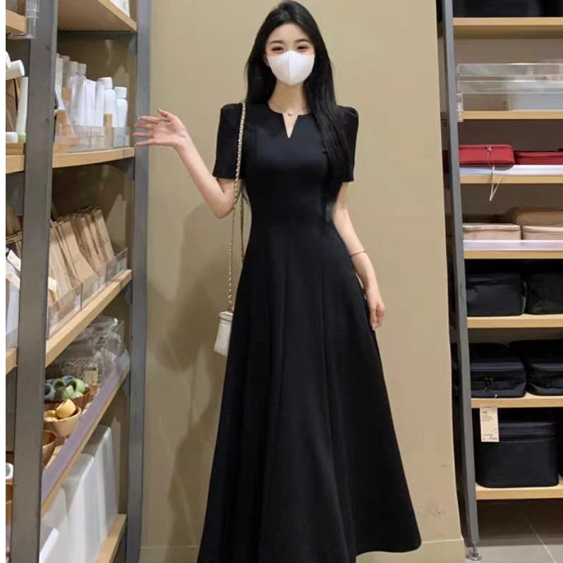 （现货）大码茶歇收腰连衣裙女夏胖mm遮肚显瘦气质赫本风长裙子1734