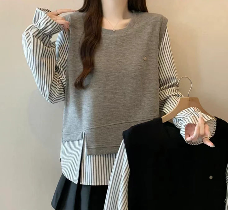 梦丞大码女装韩系假两件马甲拼接纹衬衫上衣