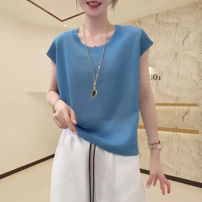 极简风纯色短袖针织衫女款2025新款爆款韩版时尚百搭螺纹针织上衣