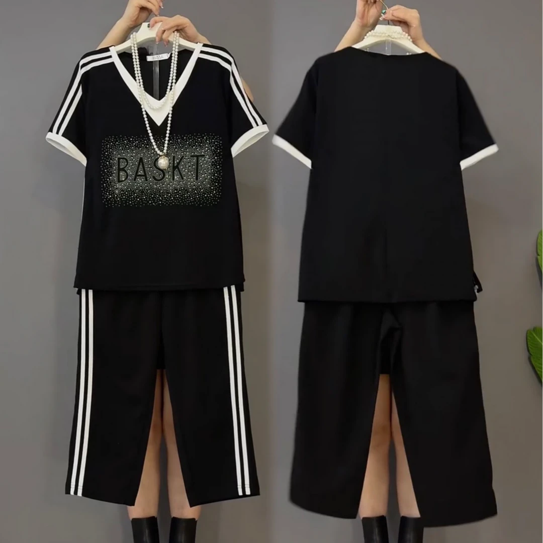 胖妹妹大码女装夏季新款显瘦遮肉烫钻字母短袖潮牌休闲运动套装女