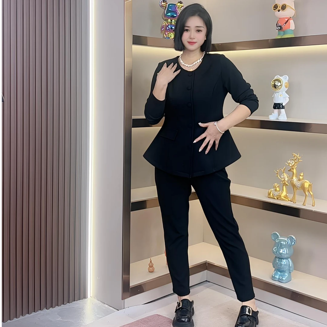 大码女装春季新款时尚收腰显瘦胖MM套装纽扣上衣搭配松紧腰裤子