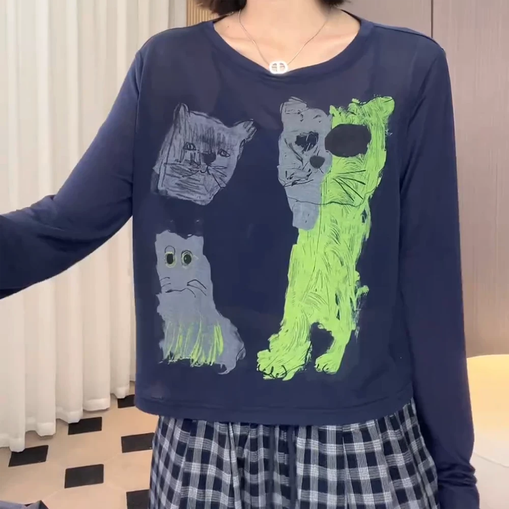 春夏‘’艺术猫咪‘’手绘减龄时髦小众设计显瘦长袖t恤上衣防晒衫