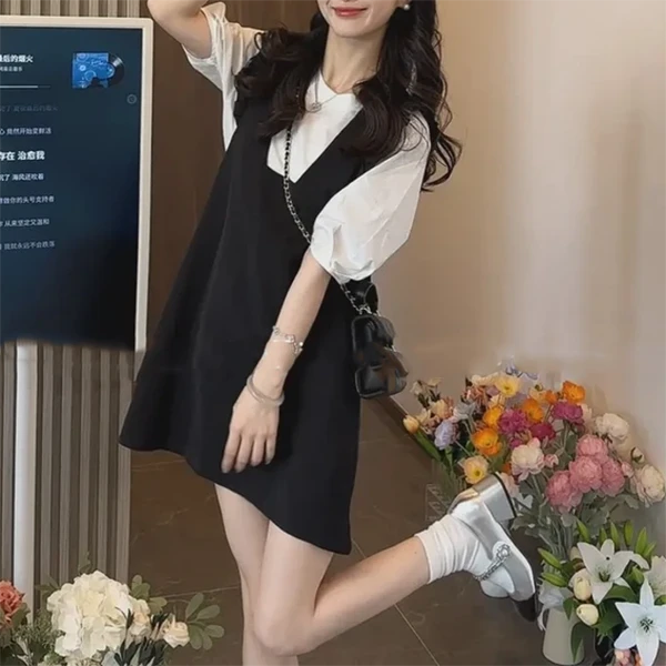 B 门店59&9！千金套装」泡泡袖棉感短袖T恤背带裙两件套女 C23064