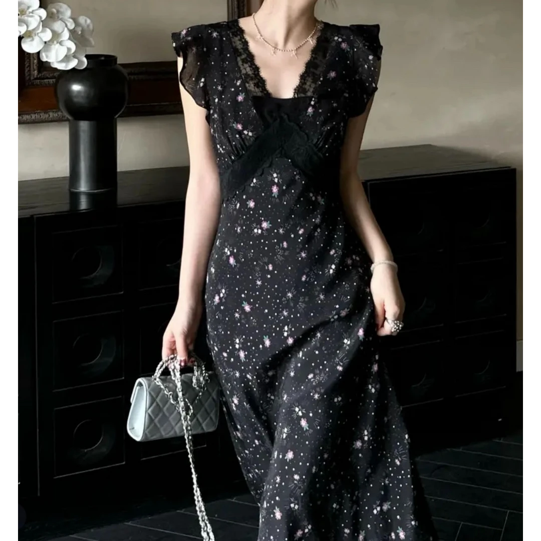 LUOZHIYIN/罗知音R123159W蕾丝拼接收腰花朵连衣裙长款碎花裙子