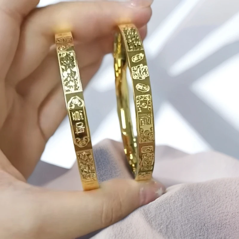 足银手镯 吉言碎冰冰手镯时尚百搭镯子简约女款实心金色不掉色