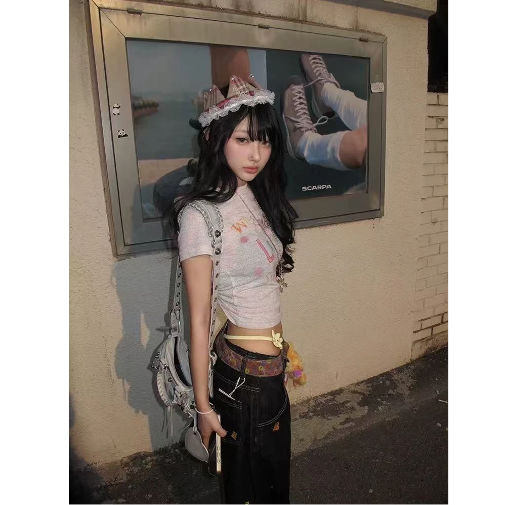 美式复古辣妹色纺花纱短袖t恤女夏季正肩修身显瘦涂鸦印花短上衣