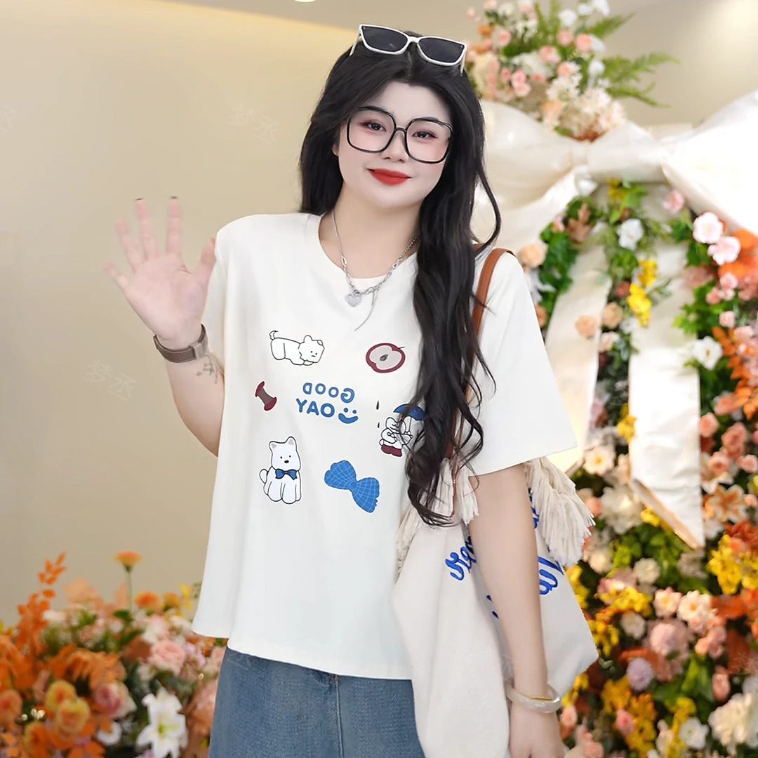 梦丞-大码女装圆领可爱印花T恤女正肩减龄宽松显瘦百搭短袖上衣女
