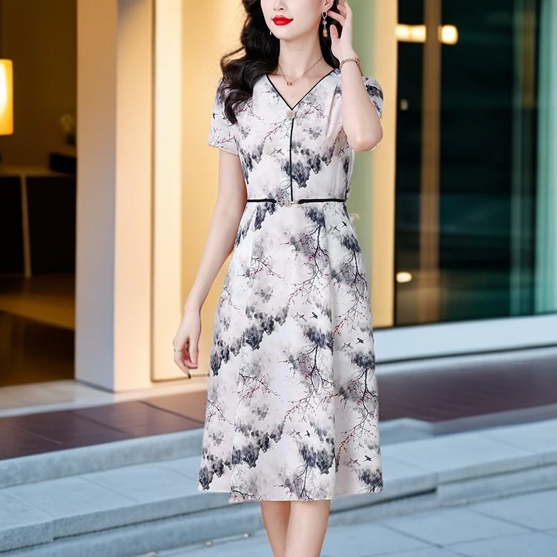 2025夏季新款大码短袖连衣裙气质淑女收腰显瘦单层中国风连衣裙女