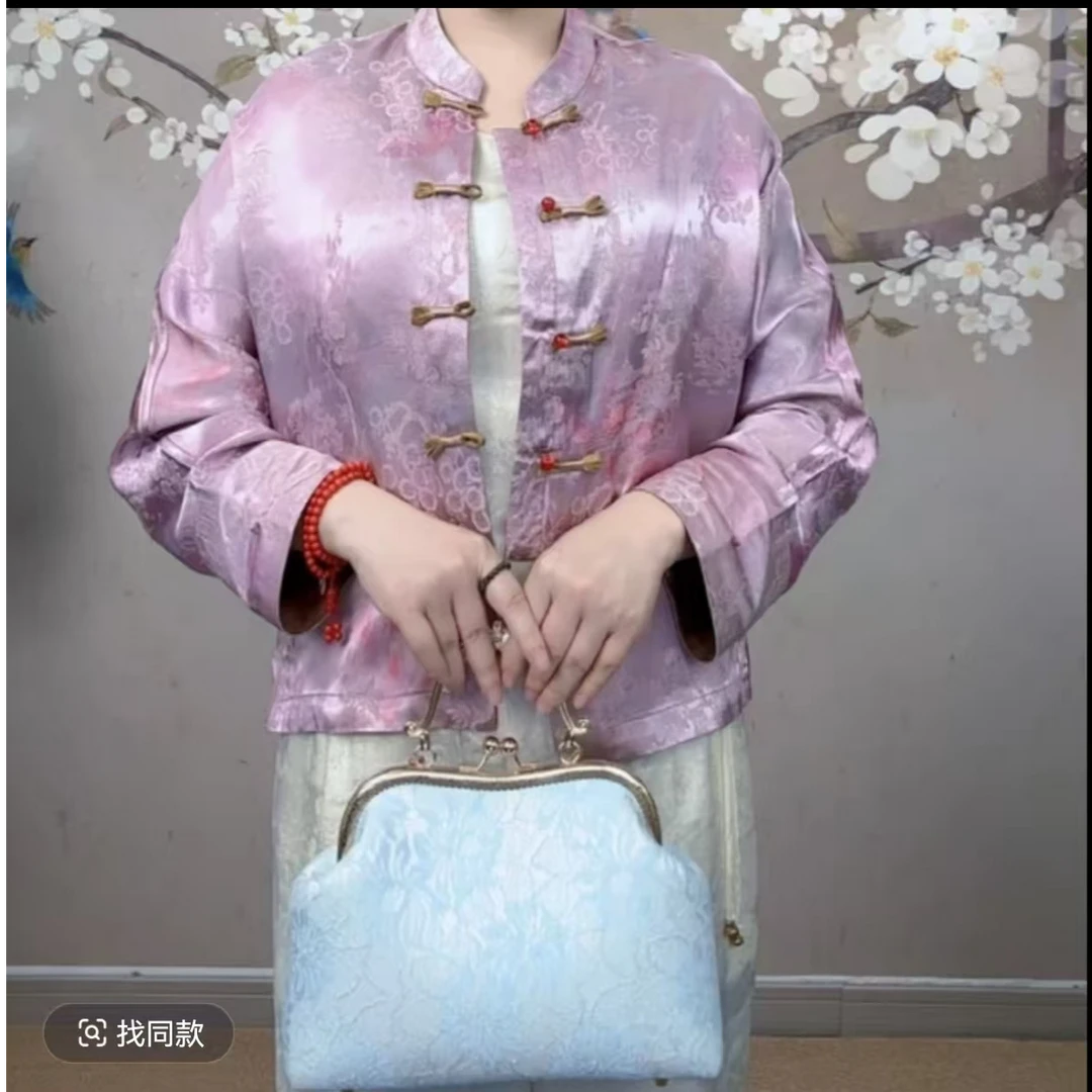 069【秋韵国风】浅紫色香云纱提花唐装衬衫女 新中式盘扣 复古优雅