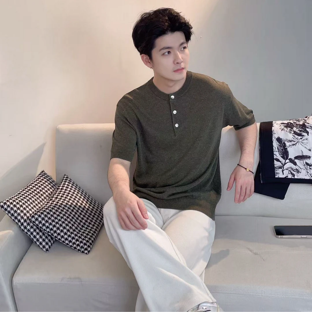 复古老钱风-夏季短袖半开领针织商务直筒型T恤欧美简约XJ24297