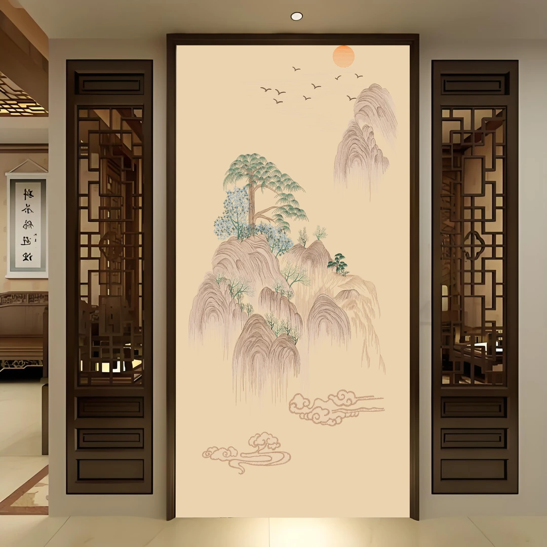 小玄关绣云山影B8高端独绣新中式山水画刺绣背景墙入户门玄关