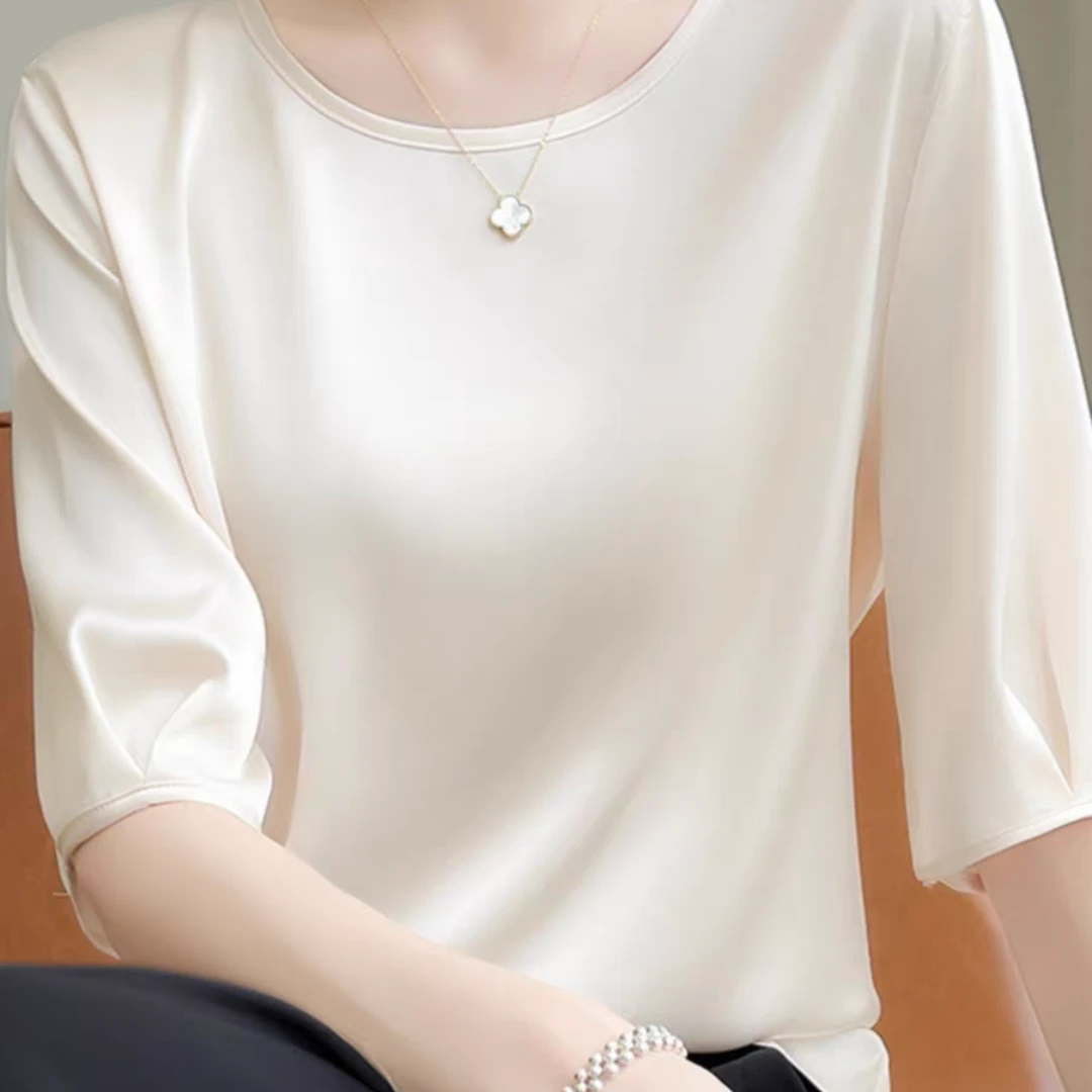 春季新款柔情似水圆领纯色宽松上衣