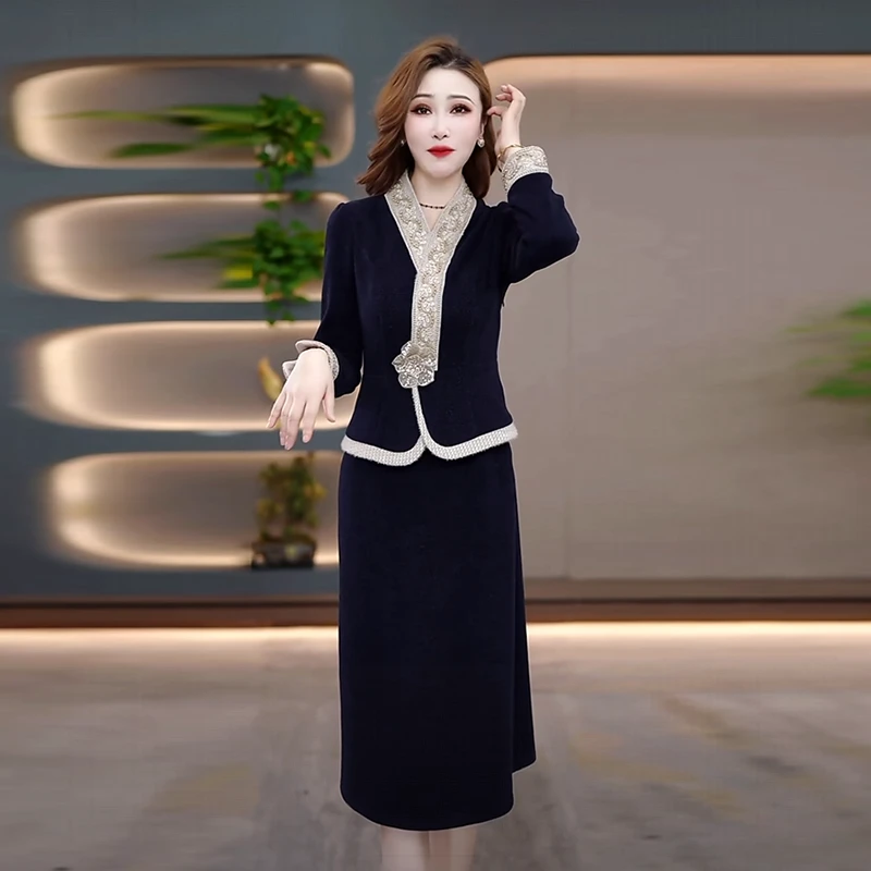 雪花绒气质轻奢假两件连衣裙2025秋冬新款时尚新中式打底内搭裙子