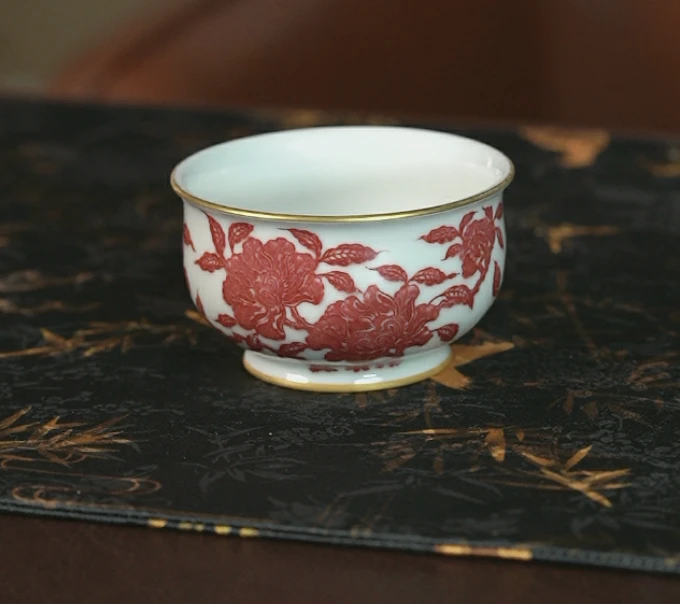 勤义堂釉里红山茶花炉式杯景德镇茶具家用饮茶主人杯中式