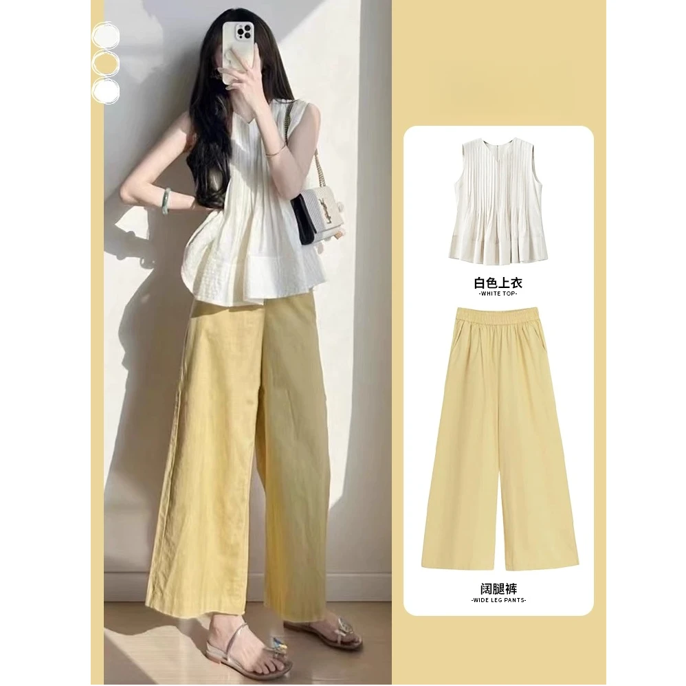 夏季搭配一整套多巴胺松弛感穿搭茶系无袖上衣百搭阔腿裤两件套装