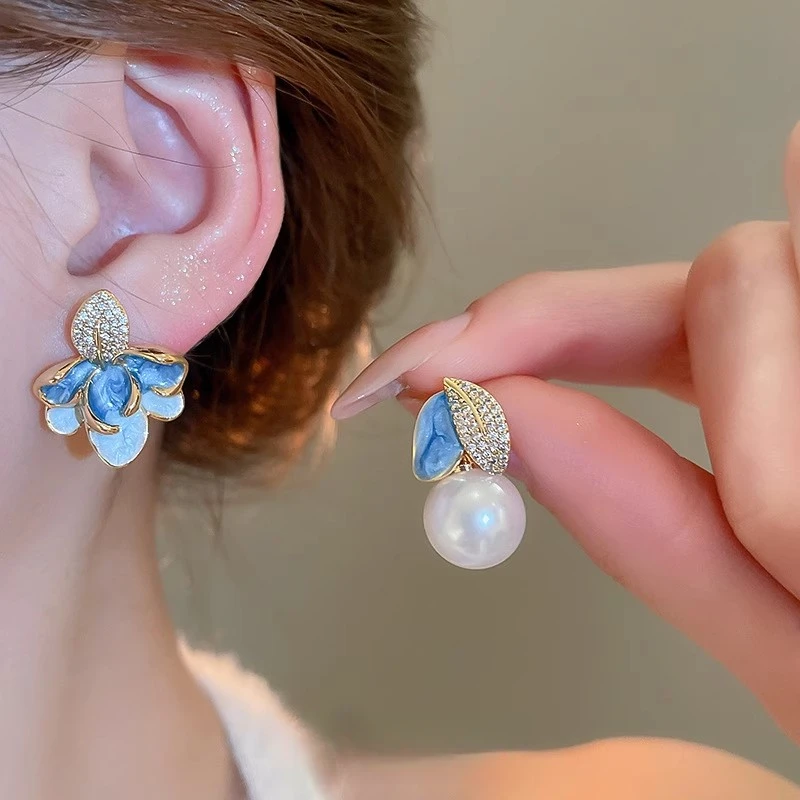 铜合金仿珍珠耳饰 铜合金耳饰轻奢珐琅滴釉不对称耳环女新款女款