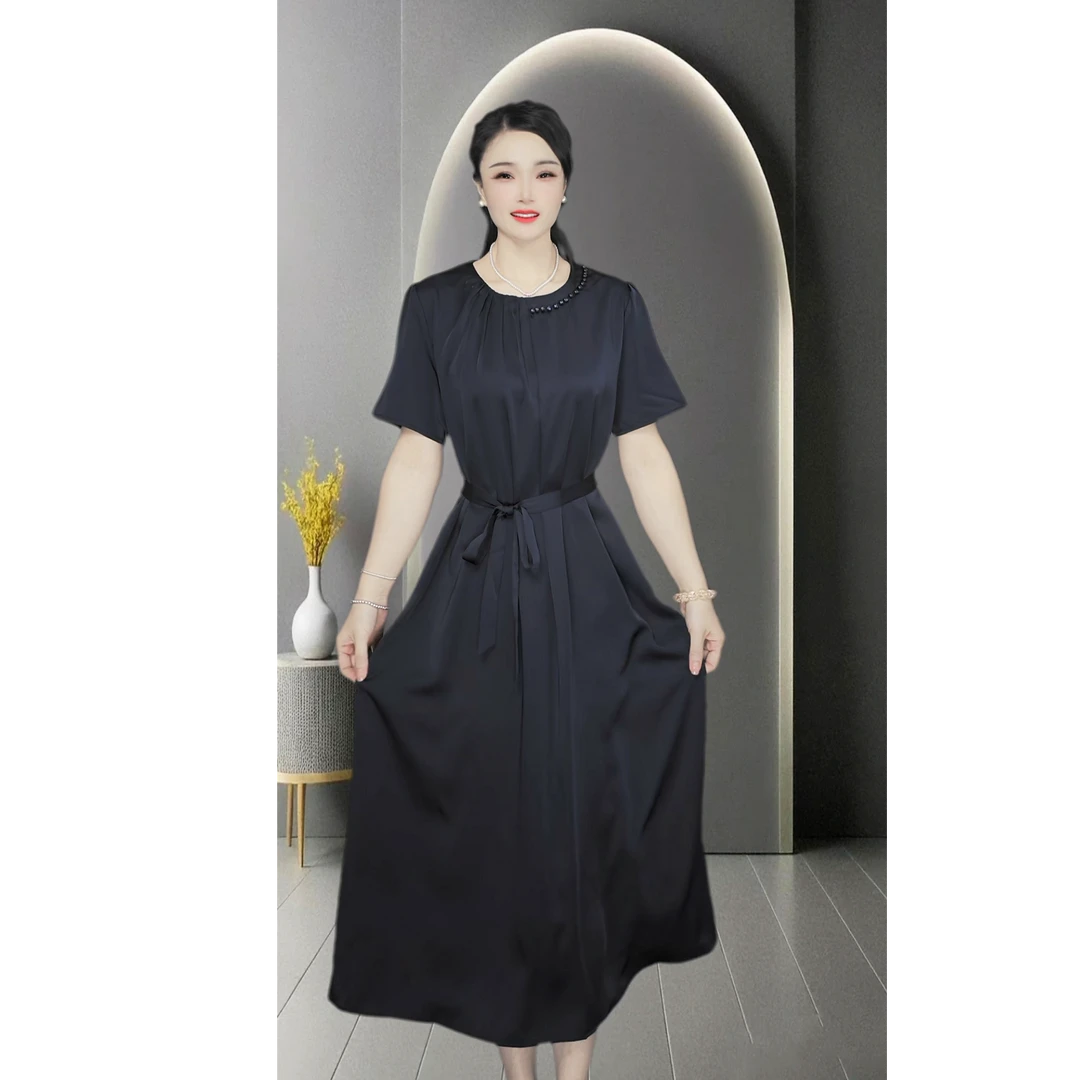 夏季上新气质连衣裙洋气大码收腰中长款裙子-藏青
