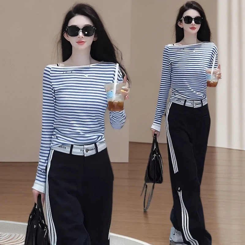条纹T恤高腰阔腿裤春游出行衣服洋气衣服女穿搭网红洋气炸街女装
