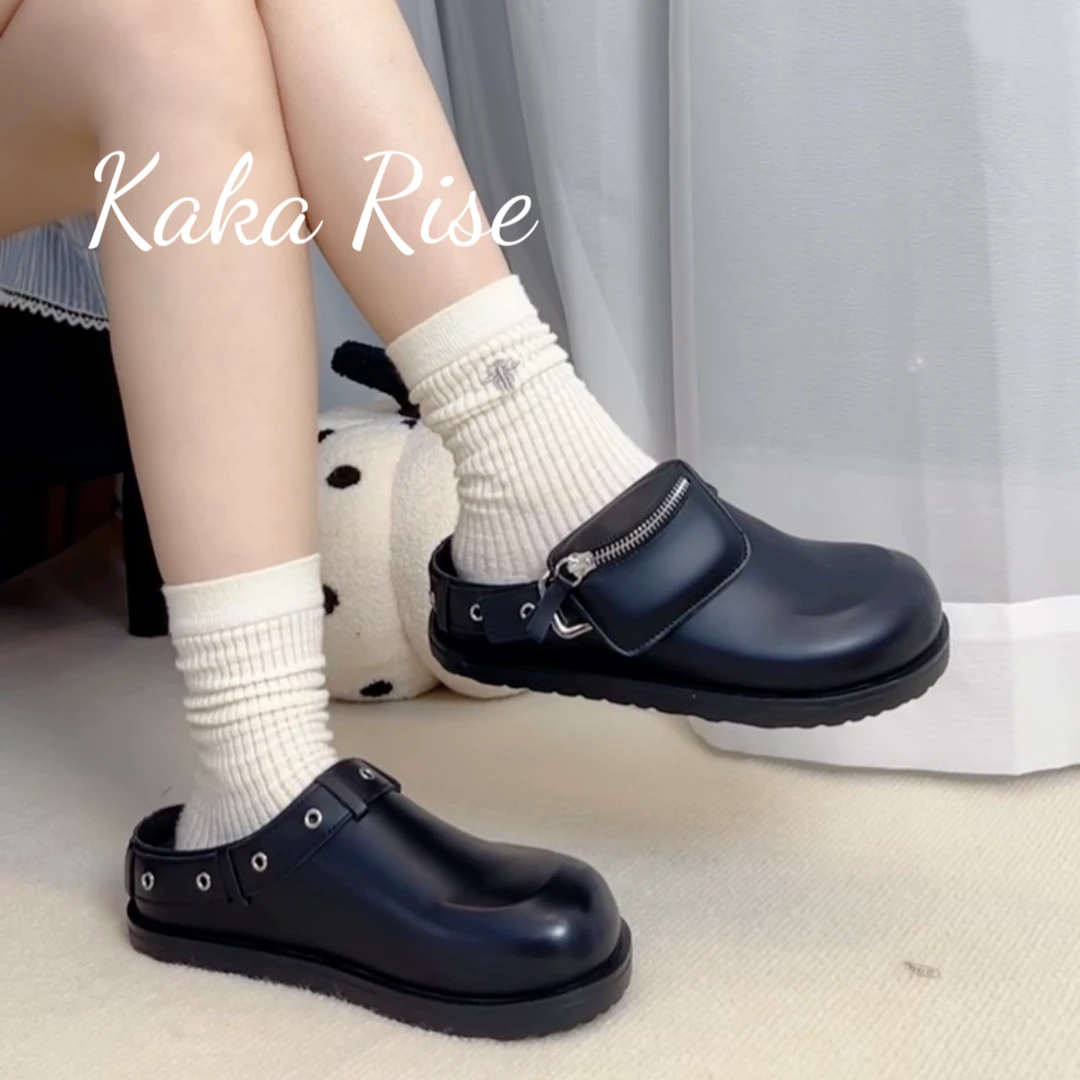 小众设计款厚底3CM口袋勃肯厚底真皮透气时尚慵懒出大片半拖鞋