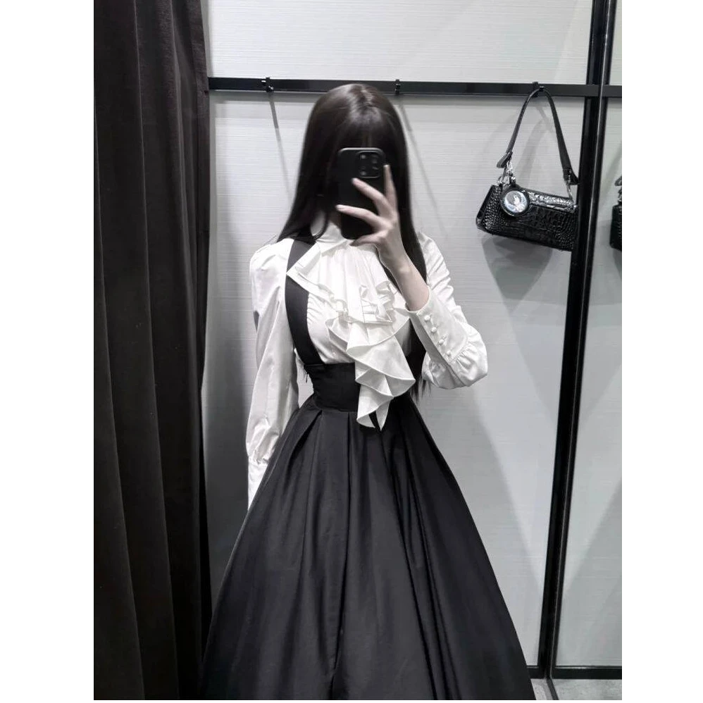 法式高级感气质收腰显瘦白色长袖衬衫黑色背带连衣裙子两件套装女