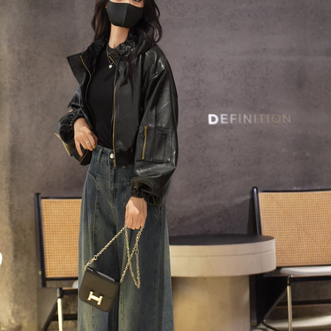 1023春季新款时尚百搭短款蛋白皮衣宽松休闲XU