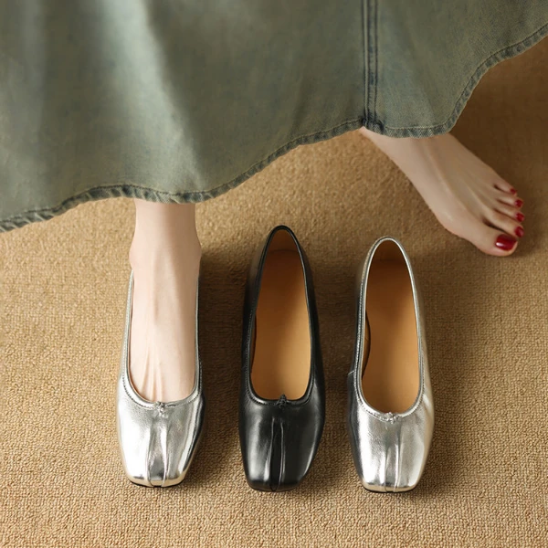 NianGaoXJ【牛皮】跟高1cm软底复古平底单鞋时尚浅口真皮方头女鞋