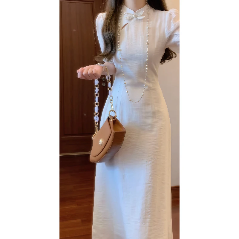 新中式国风清冷感立领白色改良旗袍连衣裙泡泡袖少女日常9662