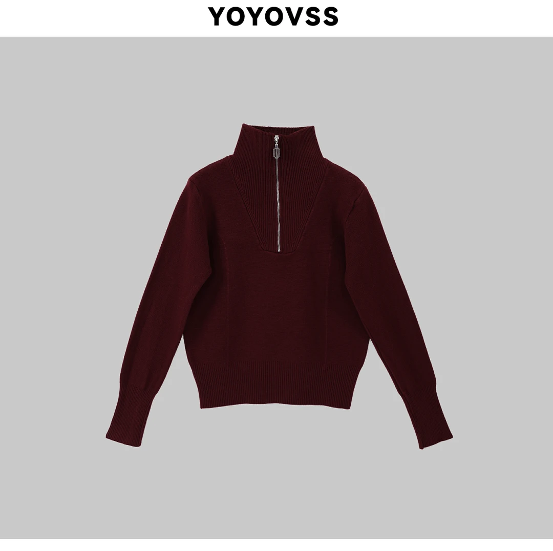 YOYOVSS【设计感】欧洲站早春新款半拉链显瘦针织长袖翻领套头毛衣