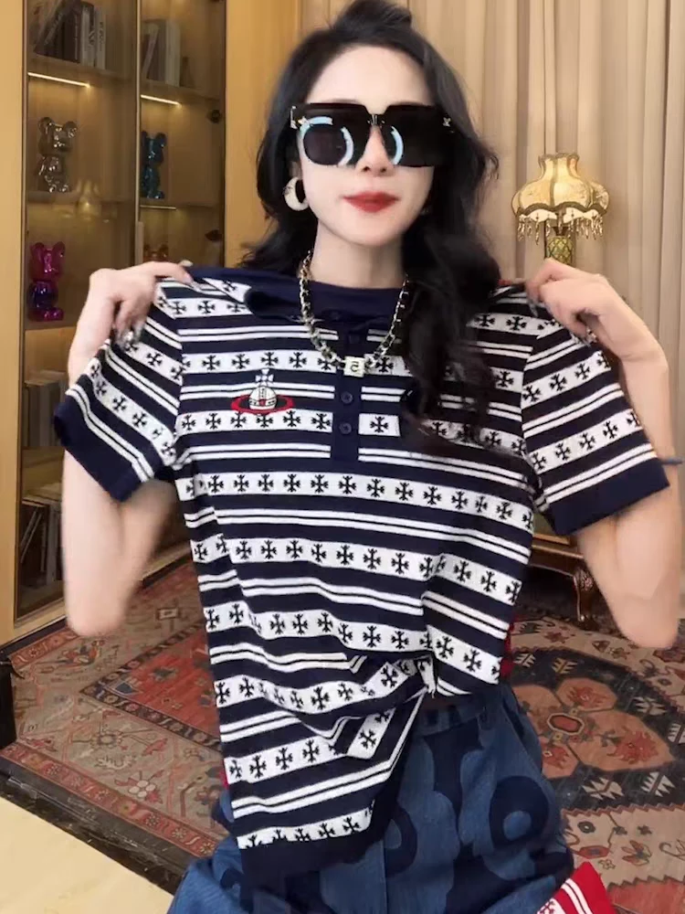 高端条纹短袖2025新款夏季洋气polo衫上衣女X147