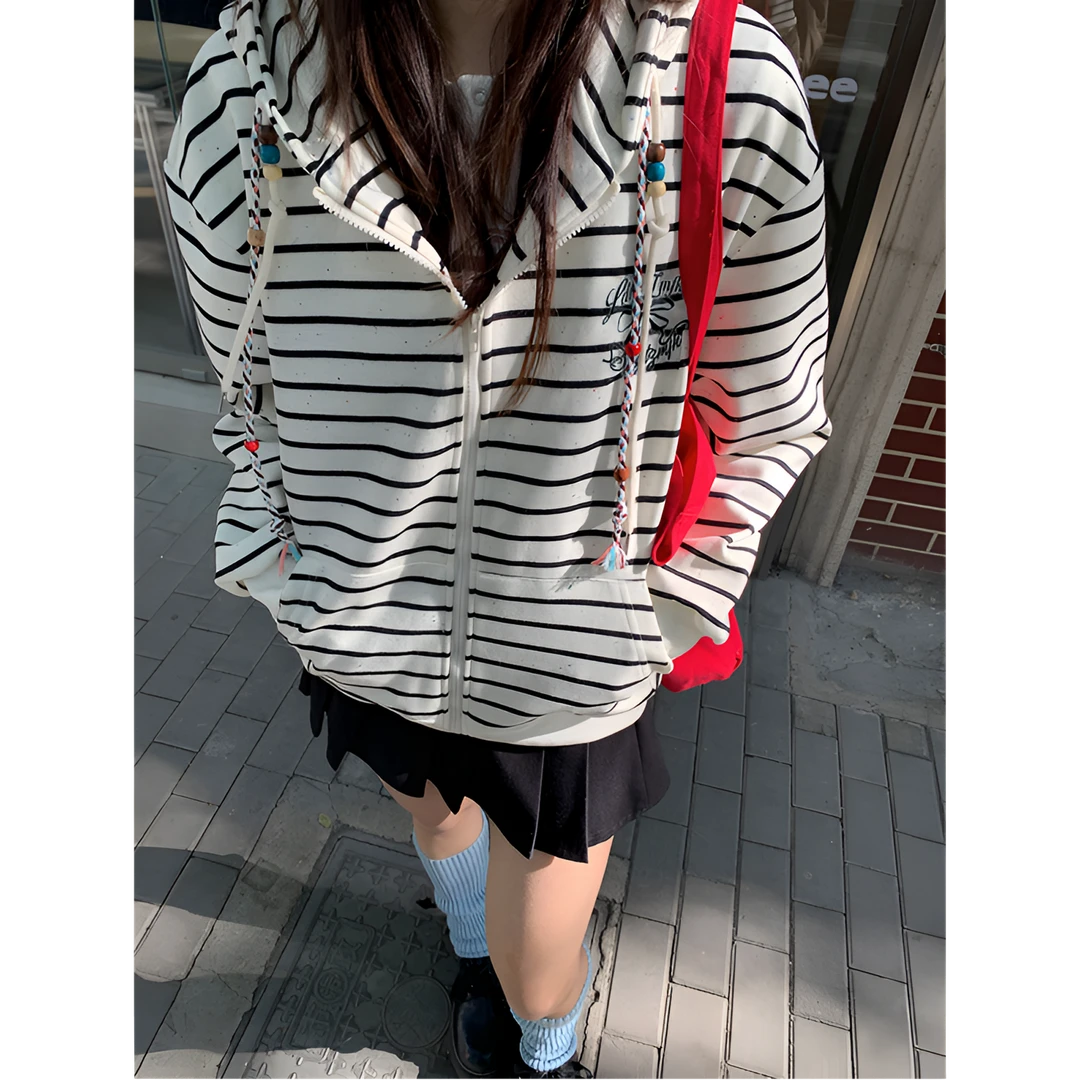 【帝韵】韩系少女复古黑色条纹开衫连帽卫衣女秋季宽松休闲外套上衣