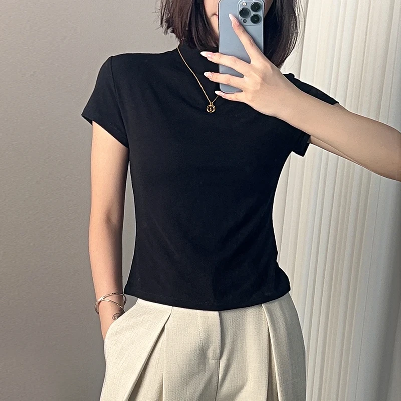 2025新款莫代尔薄款T恤气质小修身夏季冰丝上衣纯色显瘦百搭女装